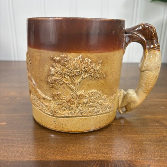 Antique Salt Glaze Hunting Mug with Hound Handle 1800s Stoneware Tankard - Picture 2 of 14